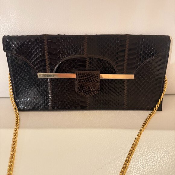 STUNNING VINTAGE GENUINE SNAKESKIN EXOTIC LEATHER CLUTCH / SHOULDER BAG BROWN - Picture 1 of 9